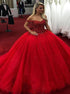 Ball Gown Off the Shoulder Tulle Prom Dresses with Beadings LBQ1839